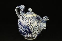 Chinese Qing Dynasty Porcelain Teapot Blue & White Figural Dragons Flower Signed