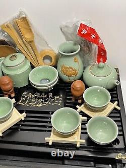 Chinese Tea Set Porcelain Green Crackle Glaze Geyao Tea Pot Tea Cups Set