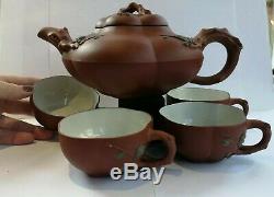 Chinese Vintage Yixing Zisha Hu Teapot set Signed inside Lid