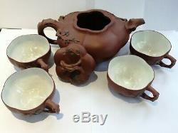 Chinese Vintage Yixing Zisha Hu Teapot set Signed inside Lid