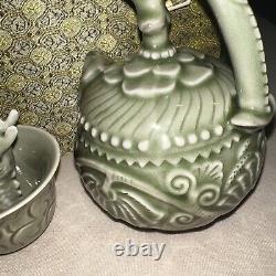 Chinese Yaozhou Celadon Water Drop's Northern Song Tea Pot & Cup Set Original BX