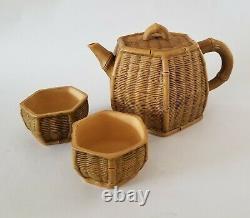 Chinese Yixing Zisha Clay Artistic Light-brown Bamboo Basket Teapot Set 2 Cups