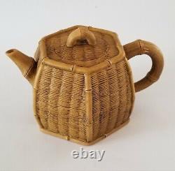 Chinese Yixing Zisha Clay Artistic Light-brown Bamboo Basket Teapot Set 2 Cups