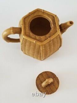 Chinese Yixing Zisha Clay Artistic Light-brown Bamboo Basket Teapot Set 2 Cups