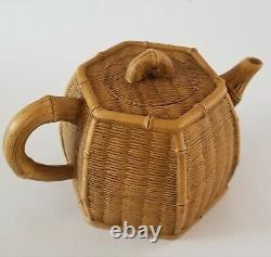 Chinese Yixing Zisha Clay Artistic Light-brown Bamboo Basket Teapot Set 2 Cups