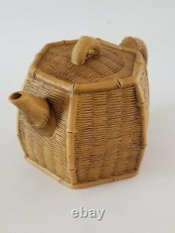 Chinese Yixing Zisha Clay Artistic Light-brown Bamboo Basket Teapot Set 2 Cups