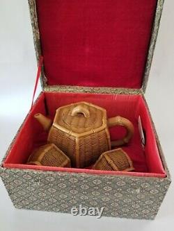 Chinese Yixing Zisha Clay Artistic Light-brown Bamboo Basket Teapot Set 2 Cups