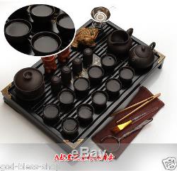 Chinese kung fu tea set purple clay tea pot gaiwan mini cup solid wood tea tray