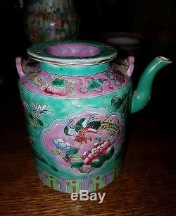 Chinese peranakan teapot cups Famille Rose Green antique signed nyonya set