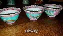 Chinese peranakan teapot cups Famille Rose Green antique signed nyonya set