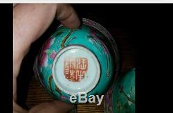 Chinese peranakan teapot cups Famille Rose Green antique signed nyonya set