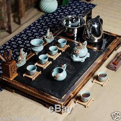 Chinese porcelain kung fu tea set pot tea cup stone wood tea tray with Cooker