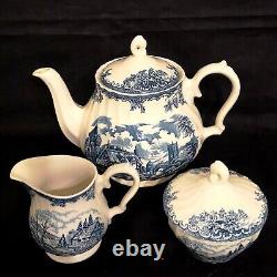 Churchill Brook Blue Tea Pot Sugar And Creamer with Lid Staffordshire England