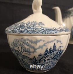 Churchill Brook Blue Tea Pot Sugar And Creamer with Lid Staffordshire England