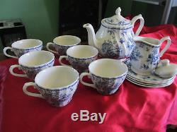 Churchill English Blue and White Unknown Set Tea Pot 7 Cups 4 Plates Creamer