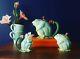 Classic Majolica Pottery Frog Tea Set Teapot Creamer Sugar Bowl Floral Green