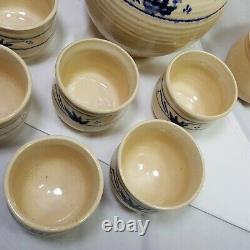 Clay Teapot 9 Piece Set Cups Creamer Sugar Bowl Vintage Bamboo Handle Ivory Blue