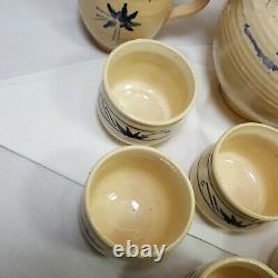 Clay Teapot 9 Piece Set Cups Creamer Sugar Bowl Vintage Bamboo Handle Ivory Blue