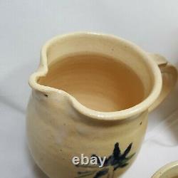 Clay Teapot 9 Piece Set Cups Creamer Sugar Bowl Vintage Bamboo Handle Ivory Blue