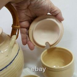Clay Teapot 9 Piece Set Cups Creamer Sugar Bowl Vintage Bamboo Handle Ivory Blue