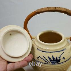 Clay Teapot 9 Piece Set Cups Creamer Sugar Bowl Vintage Bamboo Handle Ivory Blue