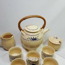 Clay Teapot 9 Piece Set Cups Creamer Sugar Bowl Vintage Bamboo Handle Ivory Blue