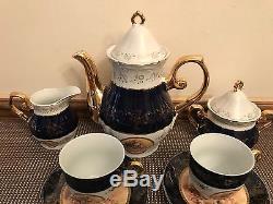 Cobalt Blue / Gold PORTRAIT Tea Set Cups, Saucers, Creamer, Sugar Bowl, Pot