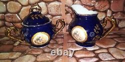 Cobalt Blue Gold Teapot Set Vintage Victorian Scene wCherub Golden Star Imports