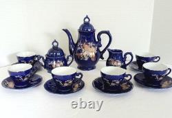 Cobalt Blue Music Box Tea Set 15 PC Coffee Set Peacock Design Japanese Plays