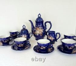 Cobalt Blue Music Box Tea Set 15 PC Coffee Set Peacock Design Japanese Plays