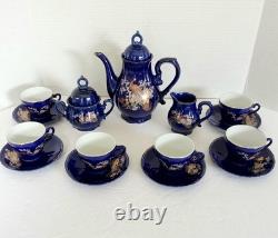 Cobalt Blue Music Box Tea Set 15 PC Coffee Set Peacock Design Japanese Plays