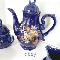 Cobalt Blue Music Box Tea Set 15 PC Coffee Set Peacock Design Japanese Plays