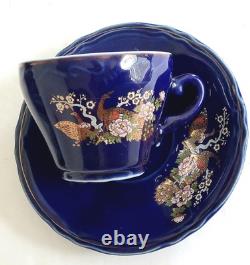 Cobalt Blue Music Box Tea Set 15 PC Coffee Set Peacock Design Japanese Plays