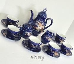 Cobalt Blue Music Box Tea Set 15 PC Coffee Set Peacock Design Japanese Plays
