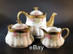 Coiffe Limoges (Lazeyras, Rosenfeld, Lehman) Floral Teapot, Creamer, Sugar Set