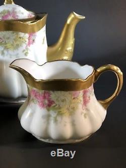 Coiffe Limoges (Lazeyras, Rosenfeld, Lehman) Floral Teapot, Creamer, Sugar Set