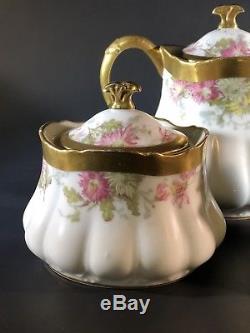 Coiffe Limoges (Lazeyras, Rosenfeld, Lehman) Floral Teapot, Creamer, Sugar Set