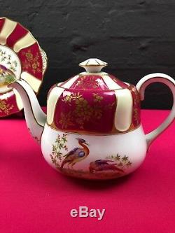 Copeland Spode Ruby Red Gilt Gold Birds Tea Set Cups Saucers Plates Cake Teapot