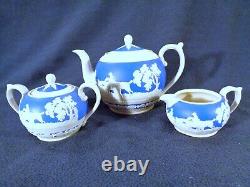 Copeland Spode Tea Set Fox Hunting Scenes on Blue & White Jasperware Minty