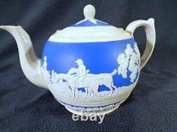 Copeland Spode Tea Set Fox Hunting Scenes on Blue & White Jasperware Minty