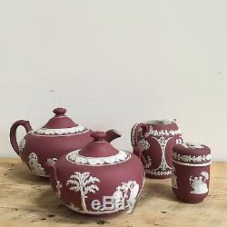 Crimson Wedgewood Jasperware Set Tea Pot Creamer Sugar Bowl Tooth Pick Holder