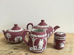 Crimson Wedgewood Jasperware Set Tea Pot Creamer Sugar Bowl Tooth Pick Holder
