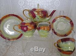CzechoslovakiaLusterware Teapot Sugar Creamer 2 Cups Saucers PlatesTea Set