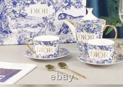 DIOR Bone China Tea Set One Teapot, Two Cups, Saucers & Spoons/Gold Accents