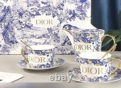 DIOR Bone China Tea Set One Teapot, Two Cups, Saucers & Spoons/Gold Accents