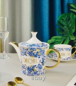 DIOR Bone China Tea Set One Teapot, Two Cups, Saucers & Spoons/Gold Accents