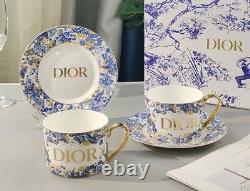 DIOR Bone China Tea Set One Teapot, Two Cups, Saucers & Spoons/Gold Accents