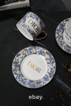 DIOR Bone China Tea Set One Teapot, Two Cups, Saucers & Spoons/Gold Accents