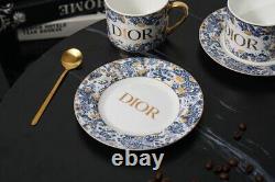 DIOR Bone China Tea Set One Teapot, Two Cups, Saucers & Spoons/Gold Accents