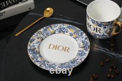 DIOR Bone China Tea Set One Teapot, Two Cups, Saucers & Spoons/Gold Accents